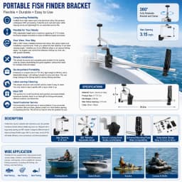 Universal Transducer Bracket Portable Fishfinder Mount, 360° Rotatable Fishing Boat Bracket with 3.15" Max Clamp Opening, Adjustable Height for Kayak Canoe Raft, Silver/Black