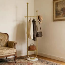 Clothing Rack Gold Metal Freestanding Heavy Duty Clothes Rack with Marble Base for Bedroom Entryway Living Room Boutique Retail Store Display, Multipurpose Garment Hanger Coat Tree Stand for Hats Scarves Jackets Bags Coats Dresses Suits Pants, Sturdy
