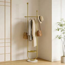 Clothing Rack Gold Metal Freestanding Heavy Duty Clothes Rack with Marble Base for Bedroom Entryway Living Room Boutique Retail Store Display, Multipurpose Garment Hanger Coat Tree Stand for Hats Scarves Jackets Bags Coats Dresses Suits Pants, Sturdy