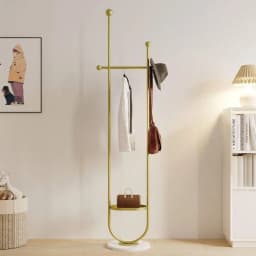 Clothing Rack Gold Metal Freestanding Heavy Duty Clothes Rack with Marble Base for Bedroom Entryway Living Room Boutique Retail Store Display, Multipurpose Garment Hanger Coat Tree Stand for Hats Scarves Jackets Bags Coats Dresses Suits Pants, Sturdy