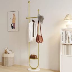Clothing Rack Gold Metal Freestanding Heavy Duty Clothes Rack with Marble Base for Bedroom Entryway Living Room Boutique Retail Store Display, Multipurpose Garment Hanger Coat Tree Stand for Hats Scarves Jackets Bags Coats Dresses Suits Pants, Sturdy