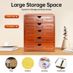 Brown Pine Wood Desk Organizer With 5 Drawers, 5kg Load‑Capacity Pre‑Assembled Desktop Storage Cabinet With Label Slot for Office Home Stationery Cosmetics Organization