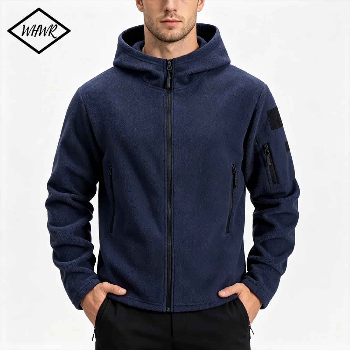 Men Fleece Hooded Jacket Full Zip Hoodie Multi Zipper Pockets Hook & Loop Patch Panel Coat Outdoor Warm Lightweight Hiking Fleece Hooded Top