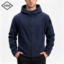 Men Fleece Hooded Jacket Full Zip Hoodie Multi Zipper Pockets Hook & Loop Patch Panel Coat Outdoor Warm Lightweight Hiking Fleece Hooded Top