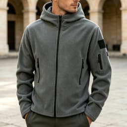 Men Fleece Hooded Jacket Full Zip Hoodie Multi Zipper Pockets Hook & Loop Patch Panel Coat Outdoor Warm Lightweight Hiking Fleece Hooded Top