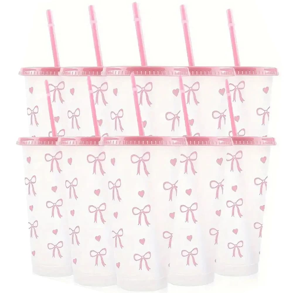 10/20/30 Pack 24oz Pink Bow Plastic Cups Tumblers, Reusable Cup, Iced Coffee Cup With Straw And Lid, Suitable Mother's Day, Dates, Birthday Parties, Outdoor Activities, Daily Use And Camping Summer Drink Cup Valentine's Day,, Mother's Day, Halloween