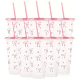 10/20/30 Pack 24oz Pink Bow Plastic Cups Tumblers, Reusable Cup, Iced Coffee Cup With Straw And Lid, Suitable Mother's Day, Dates, Birthday Parties, Outdoor Activities, Daily Use And Camping Summer Drink Cup Valentine's Day,, Mother's Day, Halloween