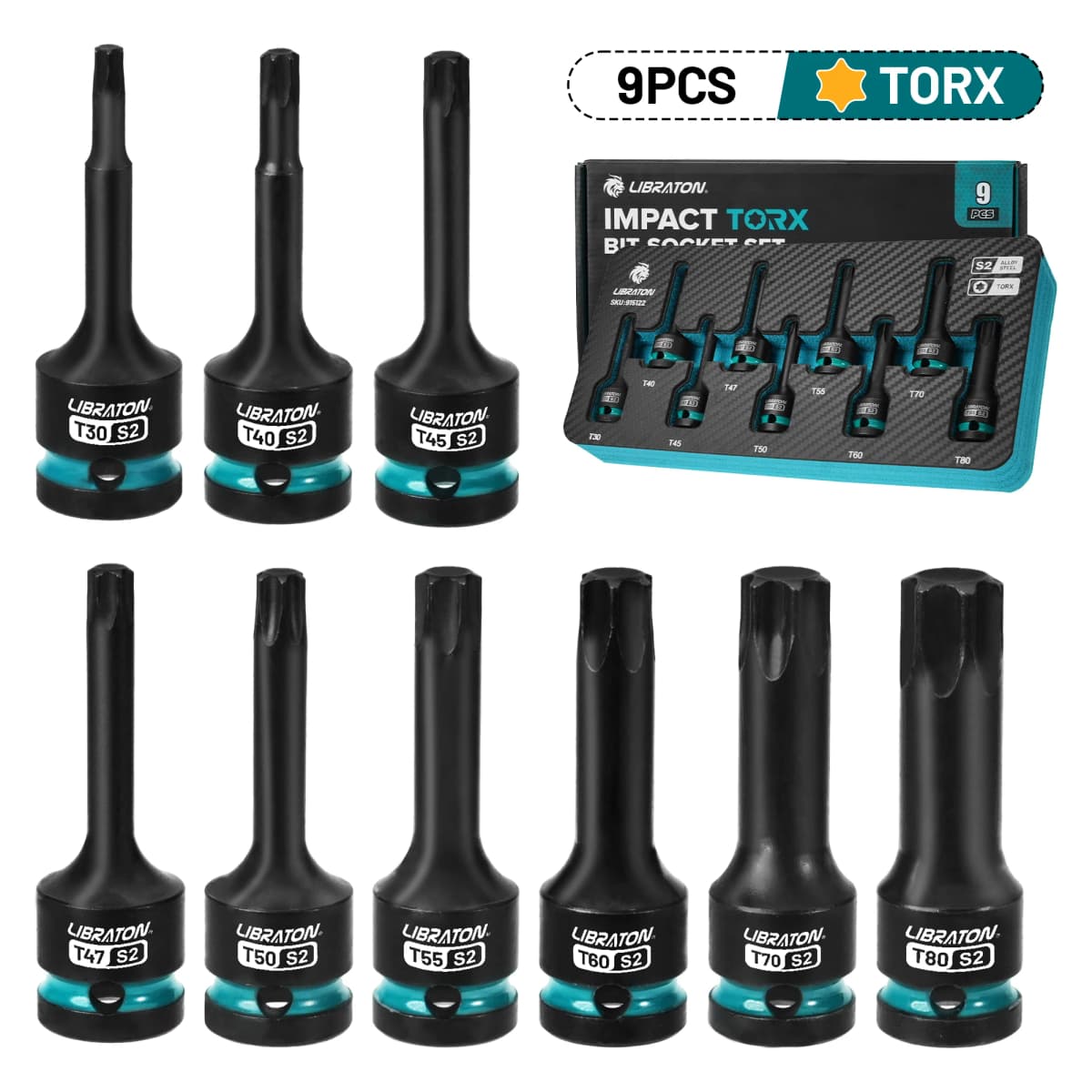 Impact Torx Bit Socket Set, 1/2" Drive, S2 Steel, T30-T80, 9PCS Impact Star Bit Socket Set, High Impact Torx Sockets, XPE Storage, Professional Mechanic Tools, Automotive Repair