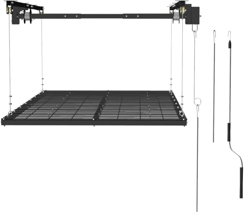 4x8ft Overhead Garage Storage Lift Rack, Ceiling Storage Rack Hoist Shelf With Hand Crank And Drill Adapter, 350 Lb Capacity Heavy Duty Carbon Steel, Adjustable Height, Safety Lock For Bins And Gear