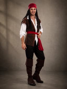 One Size Adult Men Pirate Costume Set Retro Buccaneer Fancy Dress Complete Outfit with Headscarf Vest Shirt Trousers Boot Covers Sash Cosplay Clothing for Halloween Masquerade Carnival Theme Party Holiday Dress‑up Supplies Stage Show