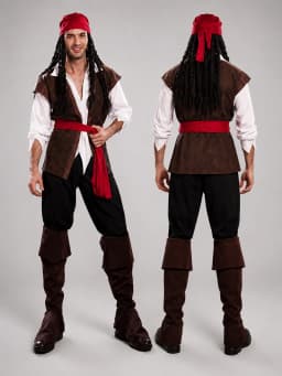 One Size Adult Men Pirate Costume Set Retro Buccaneer Fancy Dress Complete Outfit with Headscarf Vest Shirt Trousers Boot Covers Sash Cosplay Clothing for Halloween Masquerade Carnival Theme Party Holiday Dress‑up Supplies Stage Show
