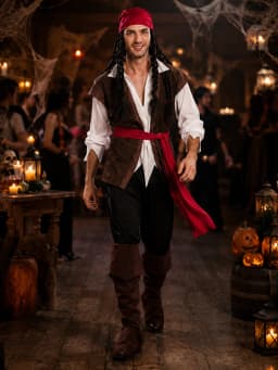 One Size Adult Men Pirate Costume Set Retro Buccaneer Fancy Dress Complete Outfit with Headscarf Vest Shirt Trousers Boot Covers Sash Cosplay Clothing for Halloween Masquerade Carnival Theme Party Holiday Dress‑up Supplies Stage Show