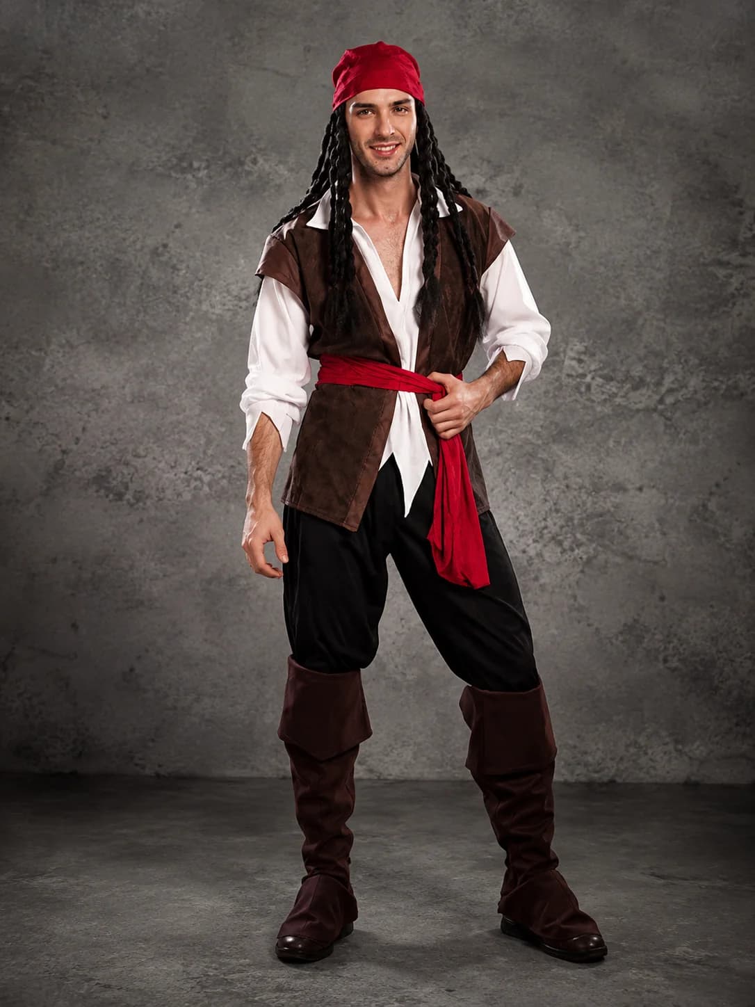One Size Adult Men Pirate Costume Set Retro Buccaneer Fancy Dress Complete Outfit with Headscarf Vest Shirt Trousers Boot Covers Sash Cosplay Clothing for Halloween Masquerade Carnival Theme Party Holiday Dress‑up Supplies Stage Show