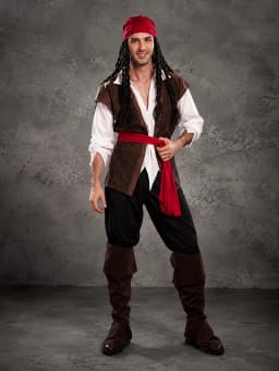 One Size Adult Men Pirate Costume Set Retro Buccaneer Fancy Dress Complete Outfit with Headscarf Vest Shirt Trousers Boot Covers Sash Cosplay Clothing for Halloween Masquerade Carnival Theme Party Holiday Dress‑up Supplies Stage Show