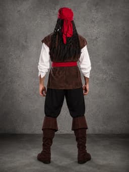 One Size Adult Men Pirate Costume Set Retro Buccaneer Fancy Dress Complete Outfit with Headscarf Vest Shirt Trousers Boot Covers Sash Cosplay Clothing for Halloween Masquerade Carnival Theme Party Holiday Dress‑up Supplies Stage Show