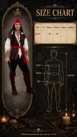 One Size Adult Men Pirate Costume Set Retro Buccaneer Fancy Dress Complete Outfit with Headscarf Vest Shirt Trousers Boot Covers Sash Cosplay Clothing for Halloween Masquerade Carnival Theme Party Holiday Dress‑up Supplies Stage Show