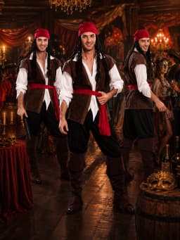 One Size Adult Men Pirate Costume Set Retro Buccaneer Fancy Dress Complete Outfit with Headscarf Vest Shirt Trousers Boot Covers Sash Cosplay Clothing for Halloween Masquerade Carnival Theme Party Holiday Dress‑up Supplies Stage Show