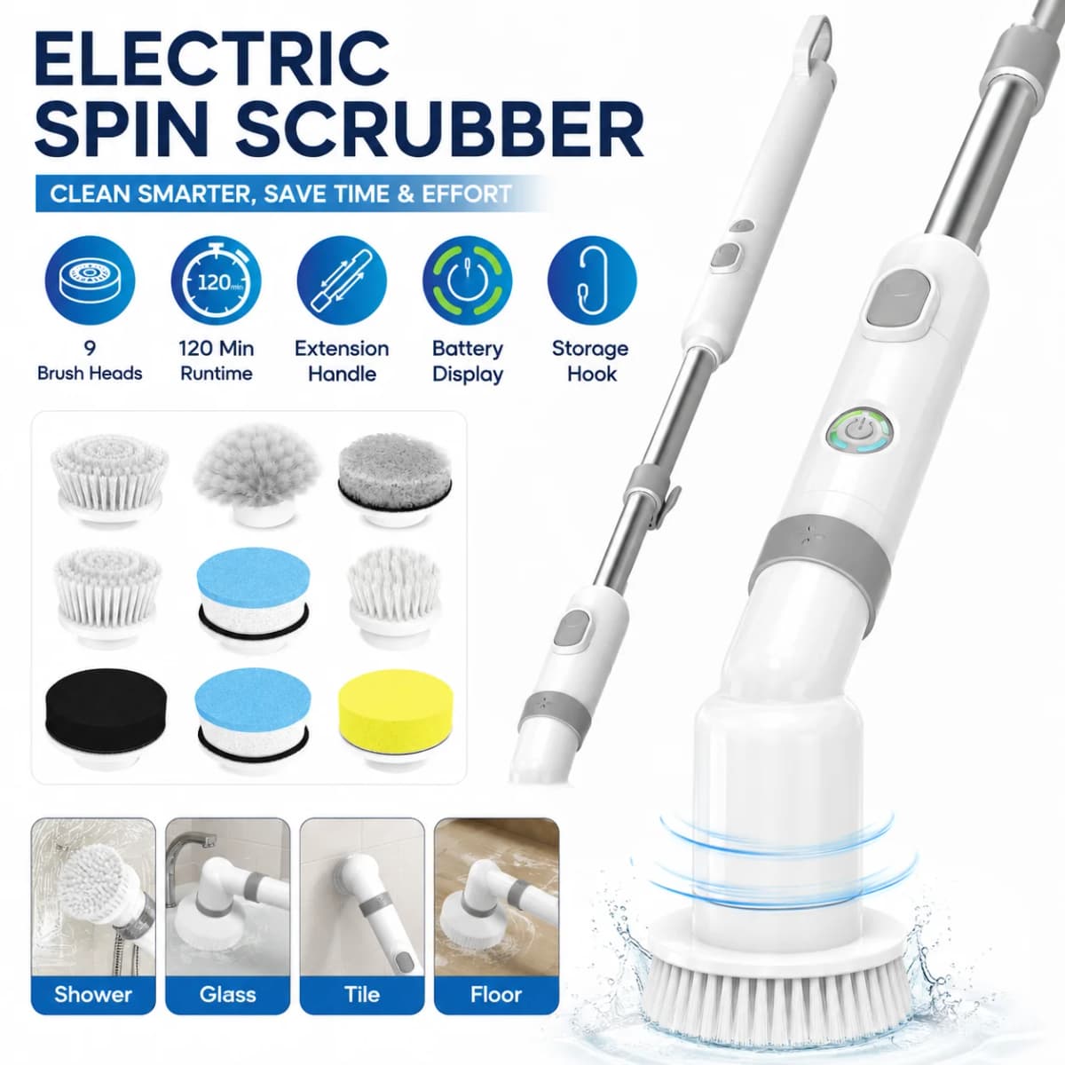 Blossom Cordless Electric Spin Scrubber, Power Cleaning Brush with 9 Scrubbing Heads & Adjustable Long Handle, 120Min Rechargeable Shower Scrubber for Home Bathroom Kitchen Tile