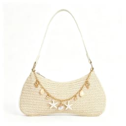 Women Straw Shoulder Bag Summer Beach Hobo Handbag Starfish Shell Pendant Chain Woven Underarm Purse Vacation Travel Y2K Baguette Bag
