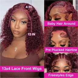 13x4 Lace Front 99j Burgundy Deep Curly Short Bob Wigs 250% Density Red Colored Wigs 99j Deep Wave Human Hair Wigs For Women 10 16 Inch