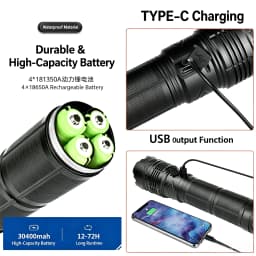 Rechargeable White light Flashlight, Telescopic Zoom Tactical Torch with Power Bank Function, Digital Power Display, 5 Light Modes Bright Handheld Flashlight for Camping Hiking Emergency Outdoor