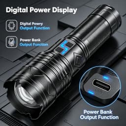 Rechargeable White light Flashlight, Telescopic Zoom Tactical Torch with Power Bank Function, Digital Power Display, 5 Light Modes Bright Handheld Flashlight for Camping Hiking Emergency Outdoor