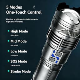 Rechargeable White light Flashlight, Telescopic Zoom Tactical Torch with Power Bank Function, Digital Power Display, 5 Light Modes Bright Handheld Flashlight for Camping Hiking Emergency Outdoor