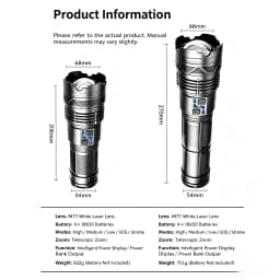 Rechargeable White light Flashlight, Telescopic Zoom Tactical Torch with Power Bank Function, Digital Power Display, 5 Light Modes Bright Handheld Flashlight for Camping Hiking Emergency Outdoor