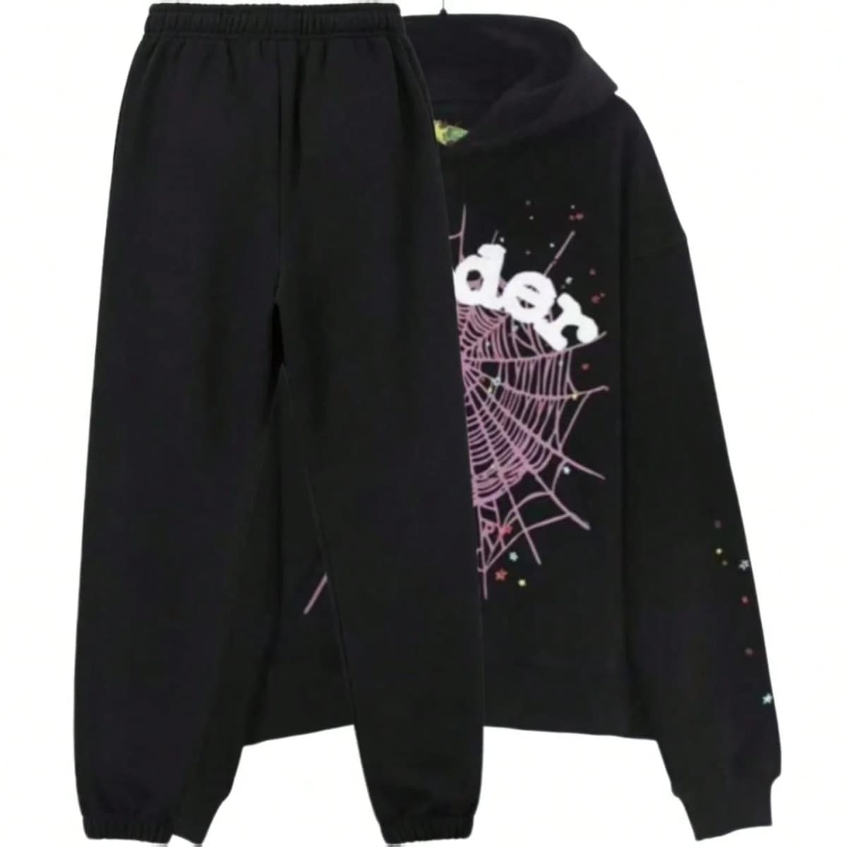 Men's And Women's Street Punk Oversized Hooded Sweatshirt Sets, Spider Web Rhinelstone Hooded Sweatshirts, Hip‑Hop Fashion Letter Aesthetic Sweatshirts, Gender Neutral Sets, Couple Sets