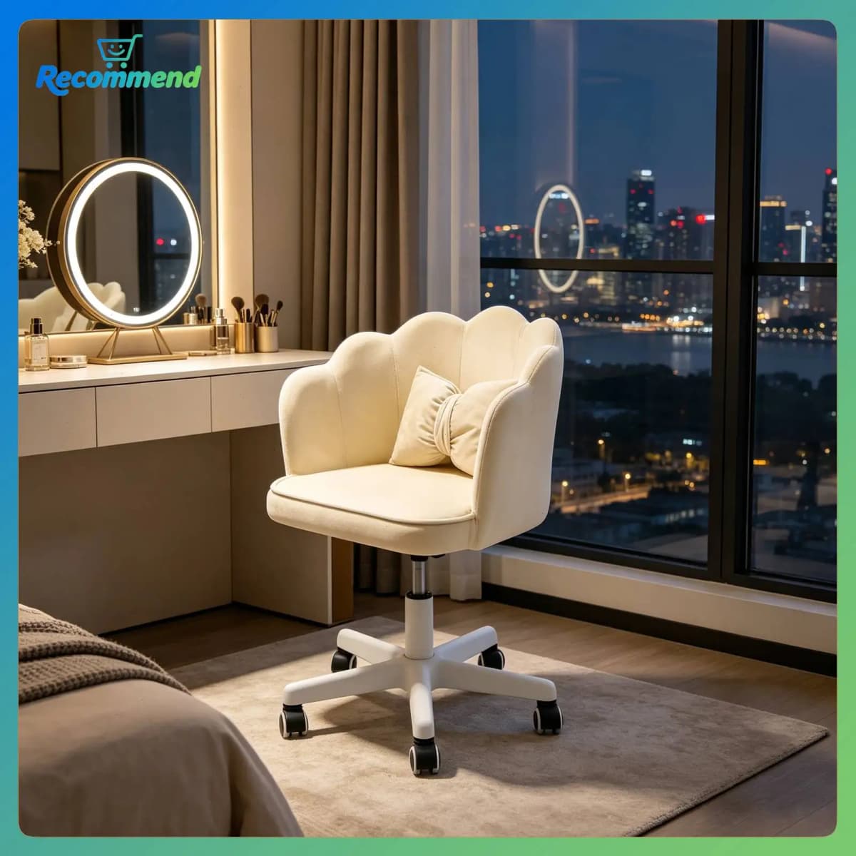 Velvet Petal Desk Chair, Bow Cushion Vanity Chair, Mid-Back Swivel Upholstered Computer Task Chair for Girls Women, Home Office Chair with Wheels, Adjustable Height