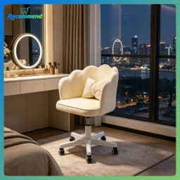 Velvet Petal Desk Chair, Bow Cushion Vanity Chair, Mid-Back Swivel Upholstered Computer Task Chair for Girls Women, Home Office Chair with Wheels, Adjustable Height
