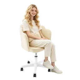 Velvet Petal Desk Chair, Bow Cushion Vanity Chair, Mid-Back Swivel Upholstered Computer Task Chair for Girls Women, Home Office Chair with Wheels, Adjustable Height