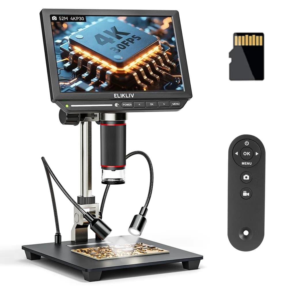 Elikliv EM4K 4K Digital Microscope for Electronics Soldering 8" 52MP HDMI Soldering Microscopes 2000X for PCB Inspection Repair with 10" Stand Grid Line Adjustable LED Lights