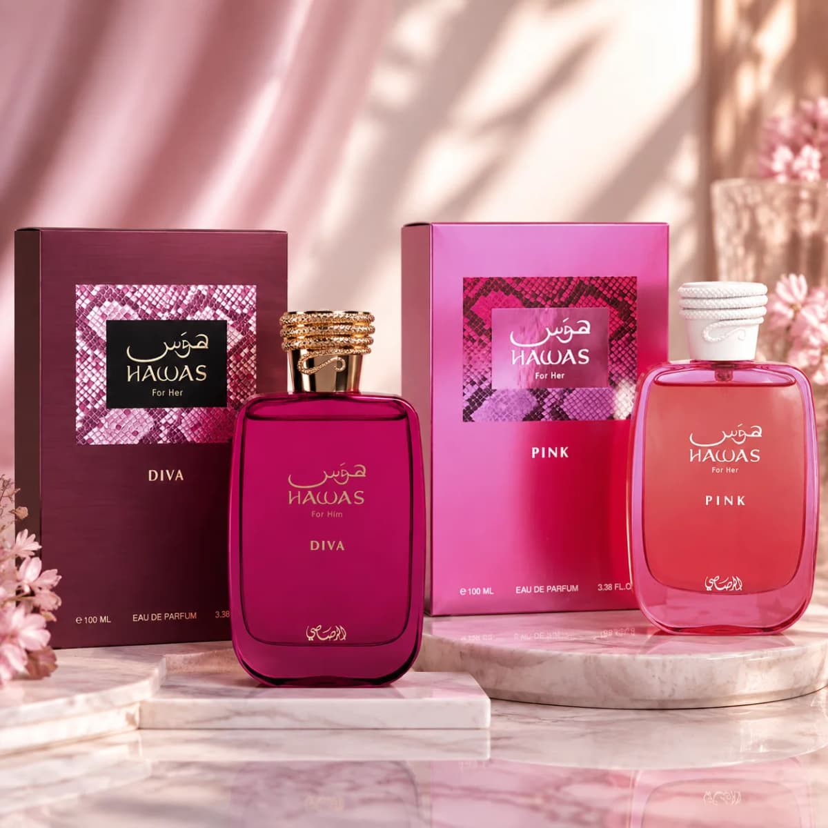 Rasasi Hawas Diva + Hawas Pink For Her EDP 100ml 3.38oz Women Perfume Spray Long Lasting Dubai Arabian Fragrance Holiday Gift Set For Ladies