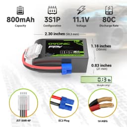 OVONIC 3S LiPo Battery 11.1V 800mAh 80C High Discharge Soft‑Case 2‑Pack with EC2 Plug for Micro FPV Drone Tinywhoop Cinewhoop Quadcopters