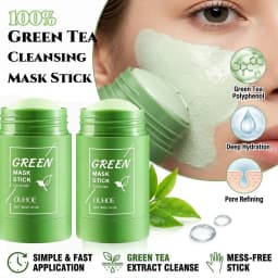 2PCS Green Tea Cleansing Mask Stick,10 Minute Instant Skin Renewal,100% Plant‑Derived&Kaolin+Bentonite for Deep Absorption&Tea Extract:Oil‑Control,Antioxidant & Balancing,Mica for Brightening & Soft Skin,Portable Twist Up Stick Design