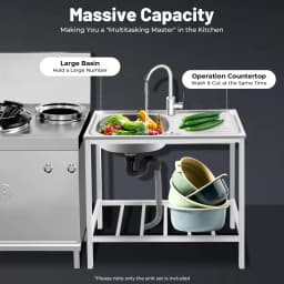 Free Standing Sink with Operation Countertop and Bottom Shelf, Massive Capacity Kitchen Single Bowl Sink 360° Rotatable Faucet