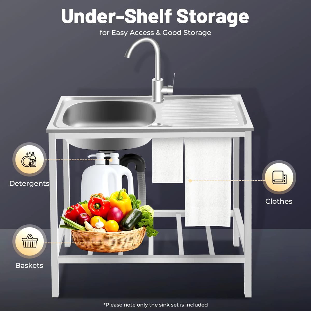 Free Standing Sink with Operation Countertop and Bottom Shelf, Massive Capacity Kitchen Single Bowl Sink 360° Rotatable Faucet