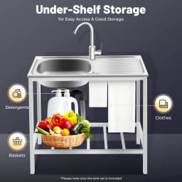 Free Standing Sink with Operation Countertop and Bottom Shelf, Massive Capacity Kitchen Single Bowl Sink 360° Rotatable Faucet