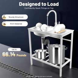 Free Standing Sink with Operation Countertop and Bottom Shelf, Massive Capacity Kitchen Single Bowl Sink 360° Rotatable Faucet