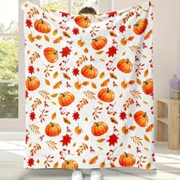 Autumn Leaves and Pumpkin Print Flannel Blanket, Soft and Warm for Sofa, Office, Bed, Camping, Travel, Multi-Purpose Holiday Gift