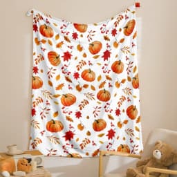 Autumn Leaves and Pumpkin Print Flannel Blanket, Soft and Warm for Sofa, Office, Bed, Camping, Travel, Multi-Purpose Holiday Gift