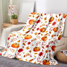 Autumn Leaves and Pumpkin Print Flannel Blanket, Soft and Warm for Sofa, Office, Bed, Camping, Travel, Multi-Purpose Holiday Gift