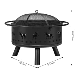 30 Inch Round Outdoor Wood Burning Fire Pit, Heavy Duty Wrought Iron Firepit with Hinged Spark Screen Lid & Lift Ring, Decorative Elk Cutout Patio Fire Pit for Backyard, Garden, Lawn and Camping, Black