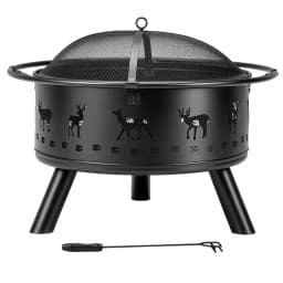 30 Inch Round Outdoor Wood Burning Fire Pit, Heavy Duty Wrought Iron Firepit with Hinged Spark Screen Lid & Lift Ring, Decorative Elk Cutout Patio Fire Pit for Backyard, Garden, Lawn and Camping, Black