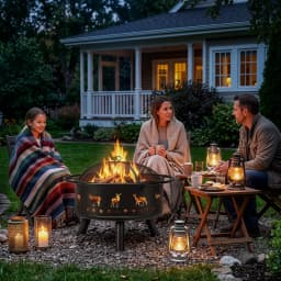 30 Inch Round Outdoor Wood Burning Fire Pit, Heavy Duty Wrought Iron Firepit with Hinged Spark Screen Lid & Lift Ring, Decorative Elk Cutout Patio Fire Pit for Backyard, Garden, Lawn and Camping, Black