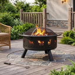 30 Inch Round Outdoor Wood Burning Fire Pit, Heavy Duty Wrought Iron Firepit with Hinged Spark Screen Lid & Lift Ring, Decorative Elk Cutout Patio Fire Pit for Backyard, Garden, Lawn and Camping, Black