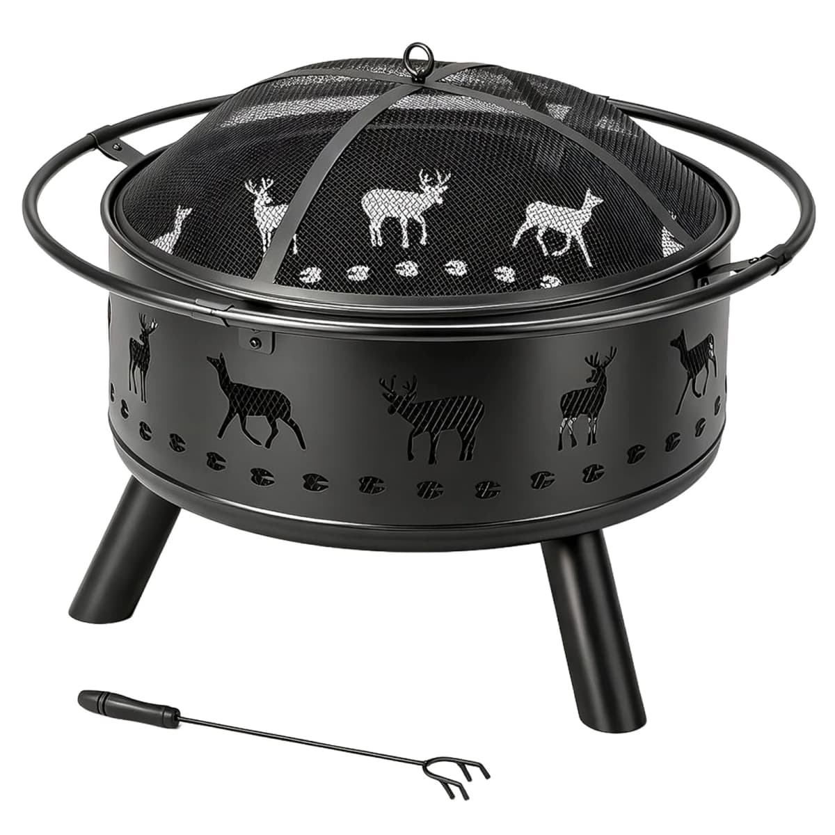 30 Inch Round Outdoor Wood Burning Fire Pit, Heavy Duty Wrought Iron Firepit with Hinged Spark Screen Lid & Lift Ring, Decorative Elk Cutout Patio Fire Pit for Backyard, Garden, Lawn and Camping, Black