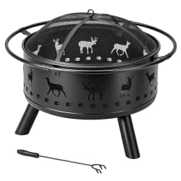 30 Inch Round Outdoor Wood Burning Fire Pit, Heavy Duty Wrought Iron Firepit with Hinged Spark Screen Lid & Lift Ring, Decorative Elk Cutout Patio Fire Pit for Backyard, Garden, Lawn and Camping, Black