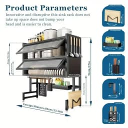 Multifunctional Double‑Tier Under‑Sink Kitchen Storage Rack with Dust‑Proof Cabinet Door, Knife Holder, Cutting Board Shelf, Cleaning Basket and Dish Drying Rack